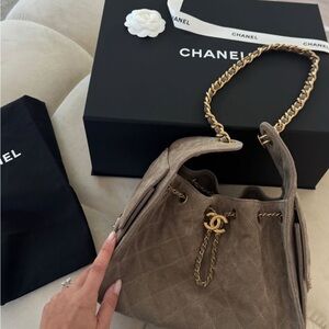 New Chanel 25 grey suede small